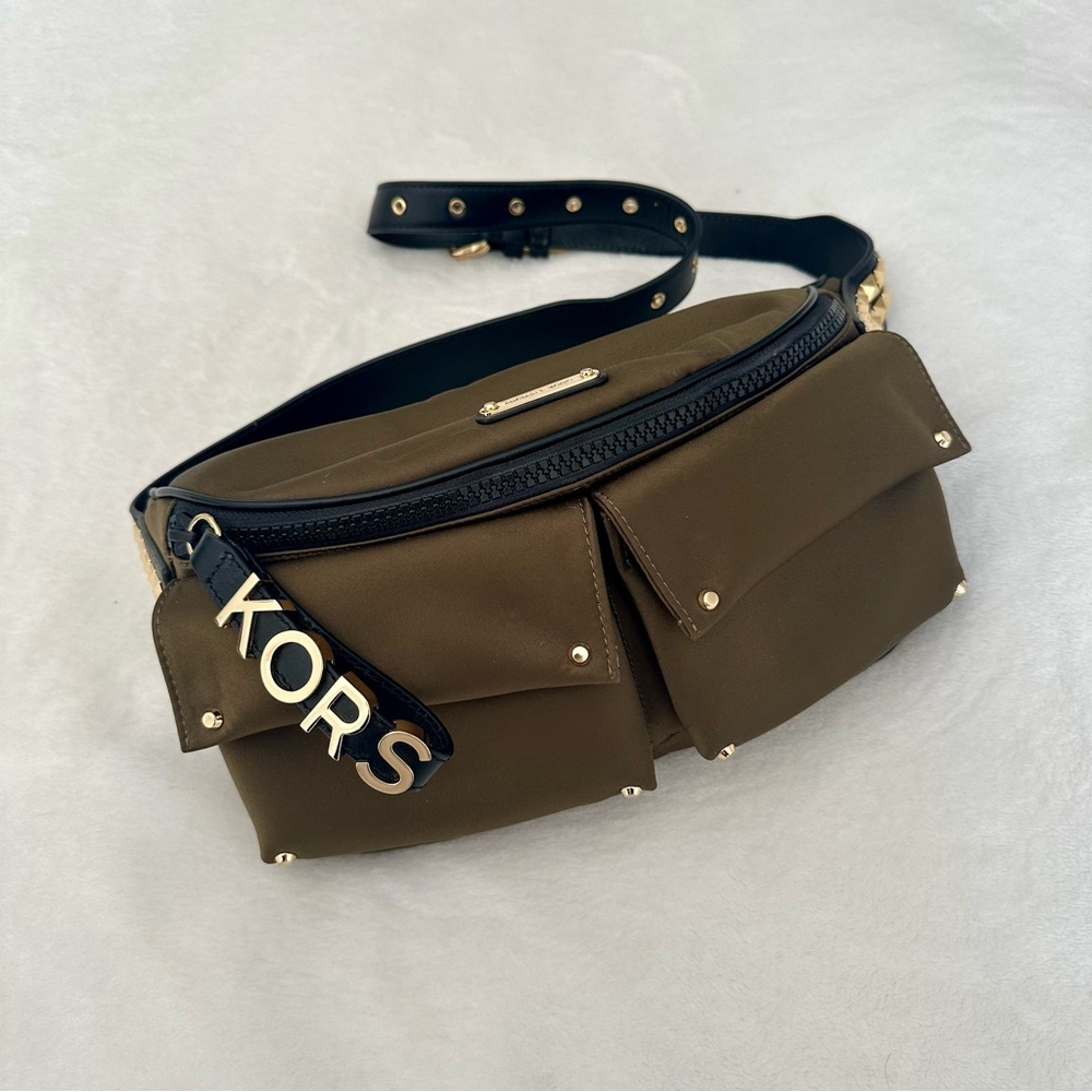Michael Kors Olivia Large Studded Satin Belt Bag Crossbody in Olive Green - Picture 10 of 14
